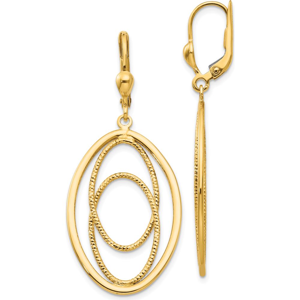 14K Yellow Gold Textured and Polished Dangle Leverback Earrings - 50mm Length by 0