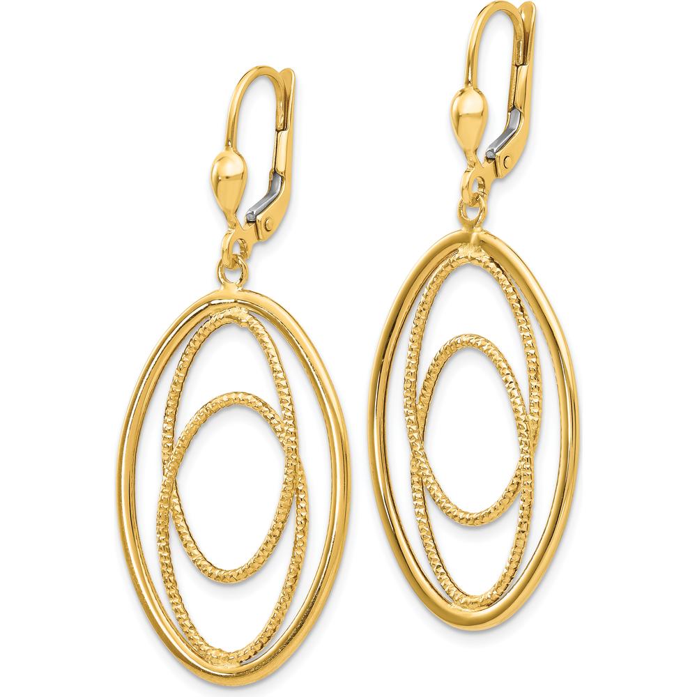 14K Yellow Gold Textured and Polished Dangle Leverback Earrings - 50mm Length by 0