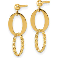 14K Yellow Gold Textured and Polished Drop Earrings - 20mm Length by 0