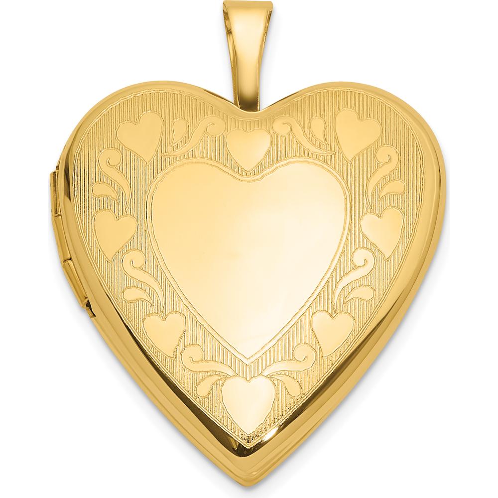 14K Yellow Gold Textured and Polished Heart Locket Pendant - Engravable with Space for Two 13.75mm Heart-Shaped Photos by Oro Pregiato