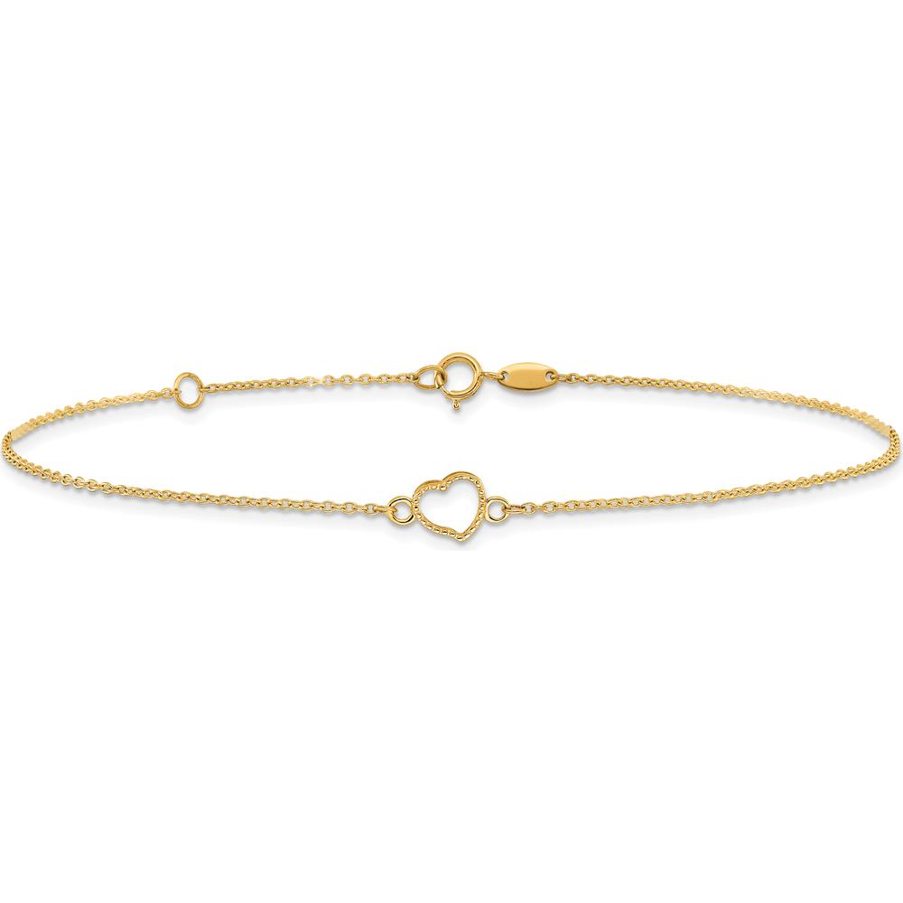 14K Yellow Gold Textured and Polished Open Heart 10" Anklet with Spring Ring Clasp