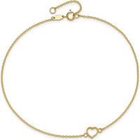 14K Yellow Gold Textured and Polished Open Heart 10" Anklet with Spring Ring Clasp