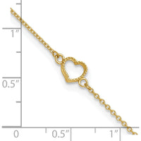 14K Yellow Gold Textured and Polished Open Heart 10" Anklet with Spring Ring Clasp