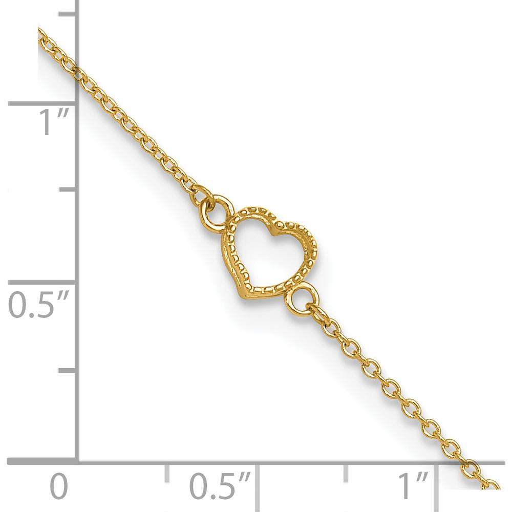 14K Yellow Gold Textured and Polished Open Heart 10" Anklet with Spring Ring Clasp