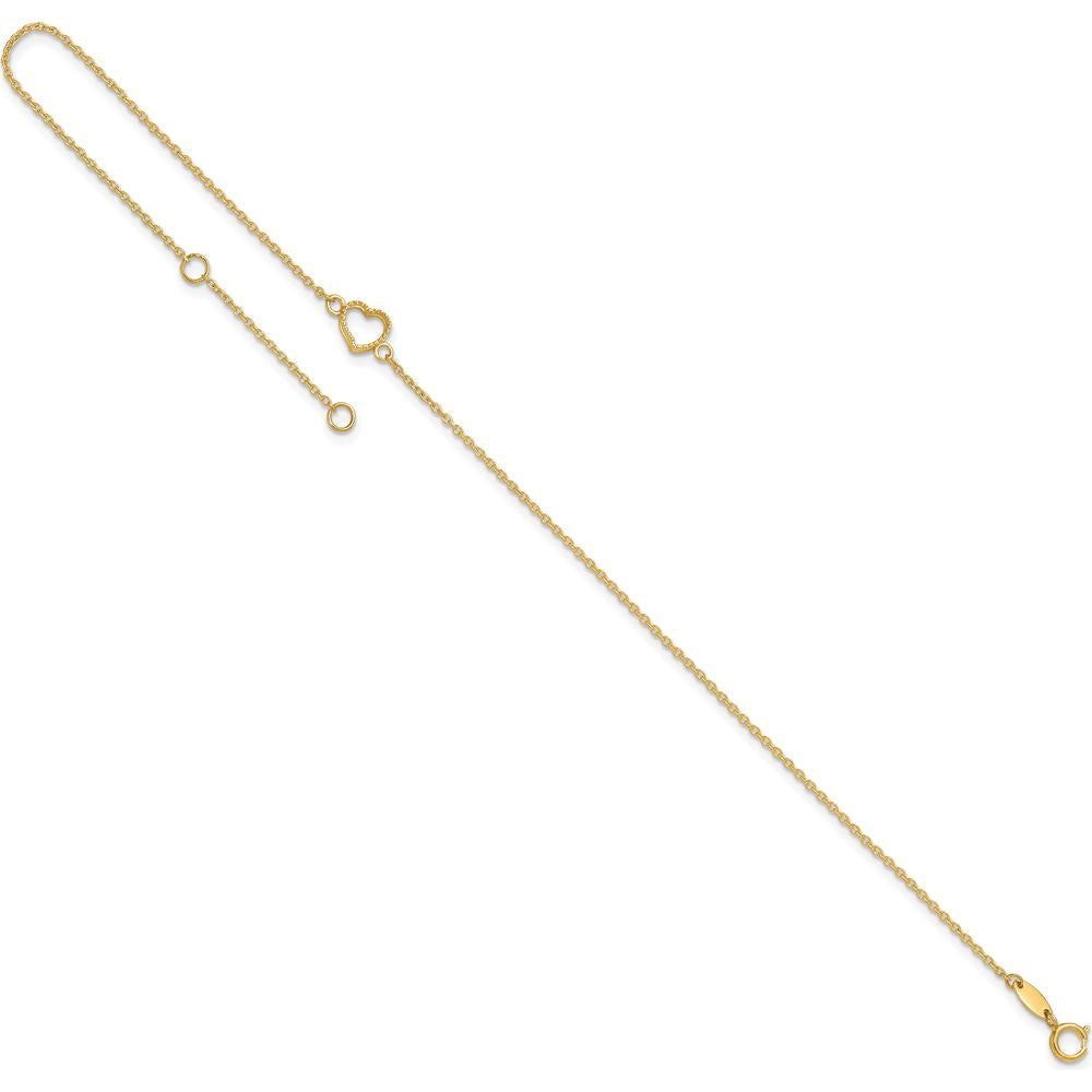 14K Yellow Gold Textured and Polished Open Heart 10" Anklet with Spring Ring Clasp