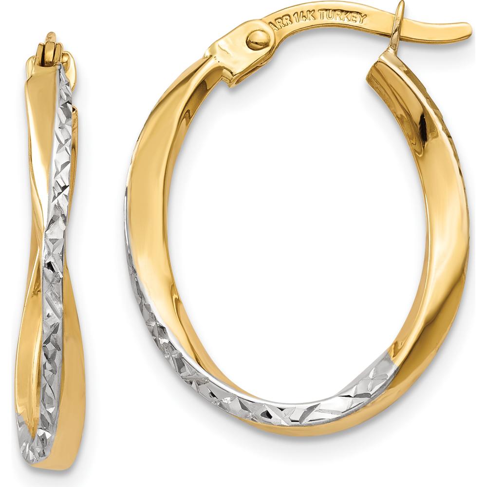 14K Yellow Gold Textured and Polished Oval Hoop Earrings with Rhodium Accents - 17mm Length by 0