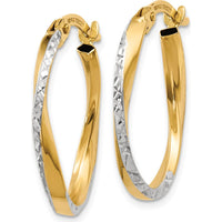 14K Yellow Gold Textured and Polished Oval Hoop Earrings with Rhodium Accents - 17mm Length by 0
