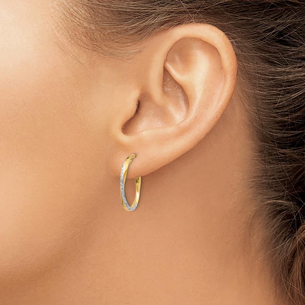 14K Yellow Gold Textured and Polished Oval Hoop Earrings with Rhodium Accents - 17mm Length by 0