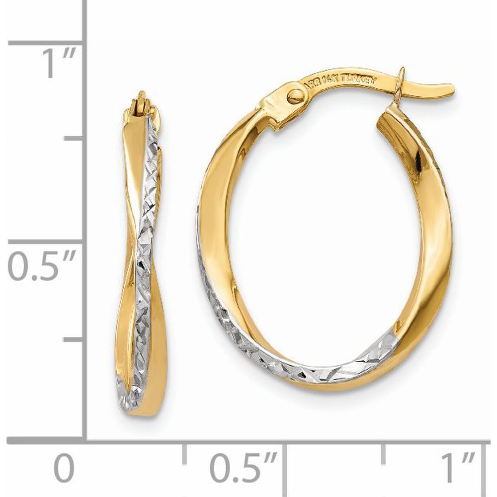 14K Yellow Gold Textured and Polished Oval Hoop Earrings with Rhodium Accents - 17mm Length by 0