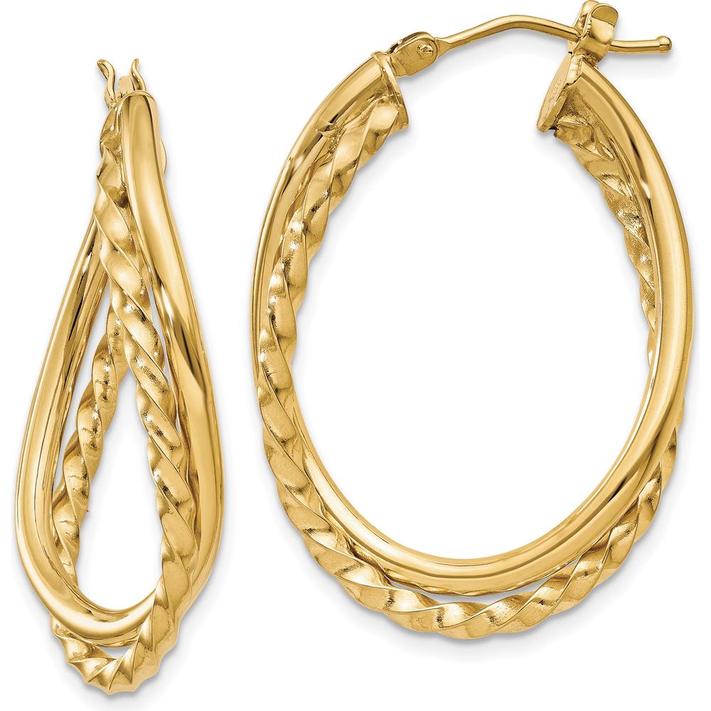 14K Yellow Gold Textured and Polished Twist Oval Hoop Earrings - 19mm Length by Oro Pregiato