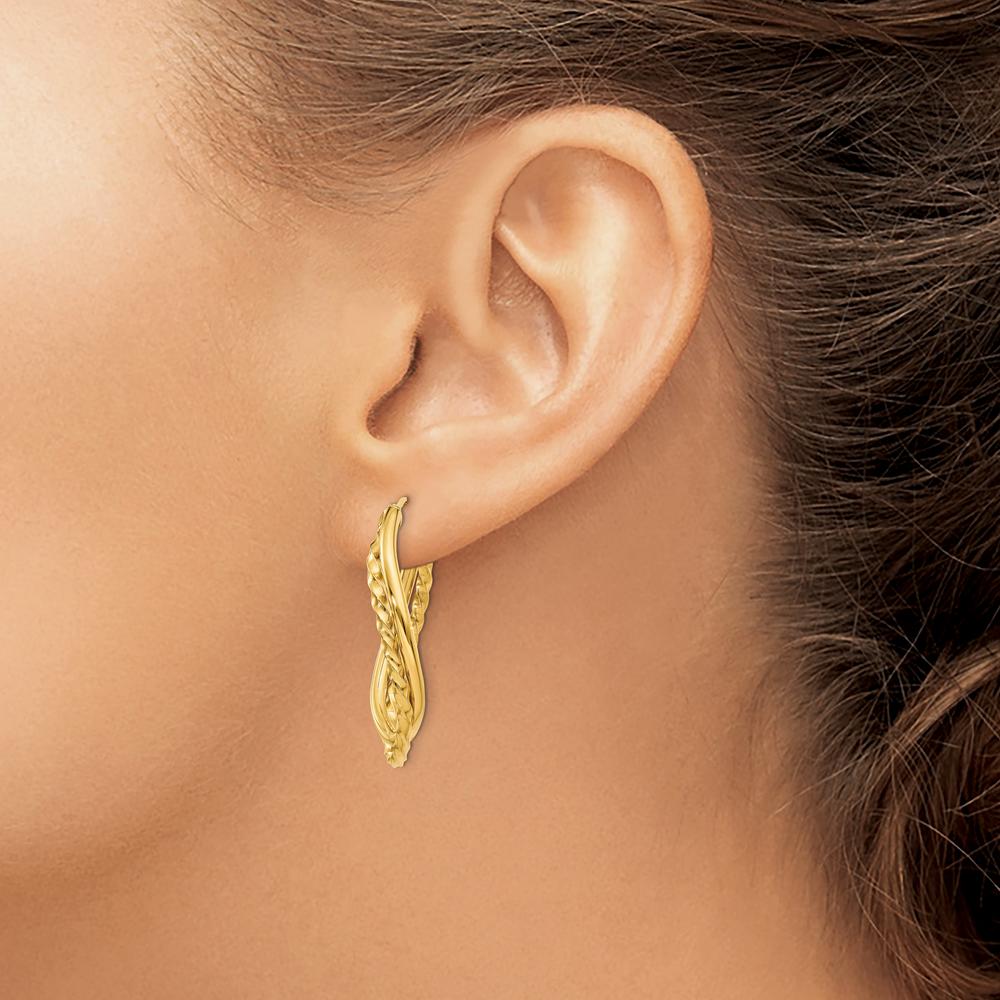 14K Yellow Gold Textured and Polished Twist Oval Hoop Earrings - 19mm Length by Oro Pregiato