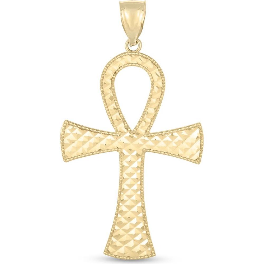 14K Yellow Gold Textured Ankh Cross Pendant - 3.70 Gram Weight with Diamond-Cut Finish by Orozza Fine Jewelry