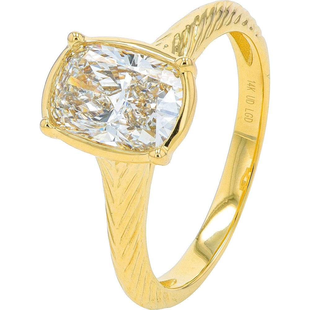 14K Yellow Gold Textured Band Engagement Ring with Cushion Cut Lab Grown Diamond - 1.50 Carat Total Diamond Weight