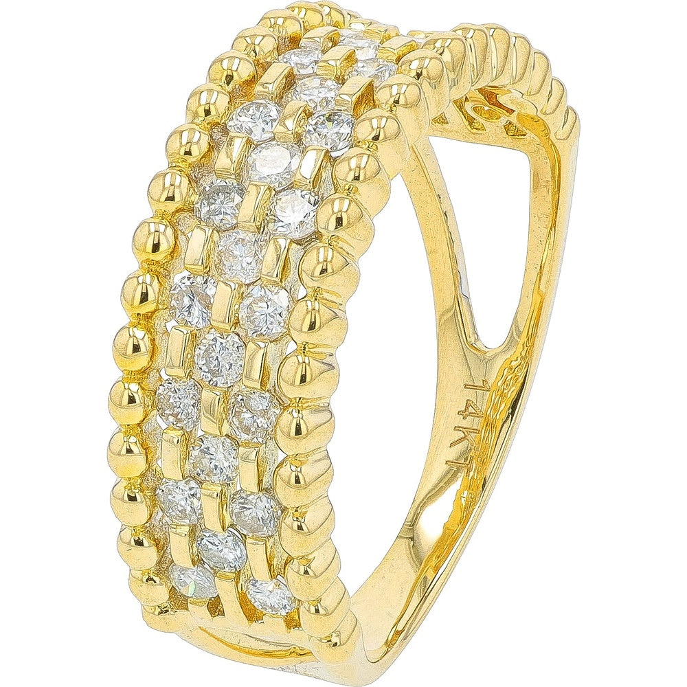 14K Yellow Gold Textured Band Ring with Prong Set Round Diamonds - 0.55 Carat Total Diamond Weight