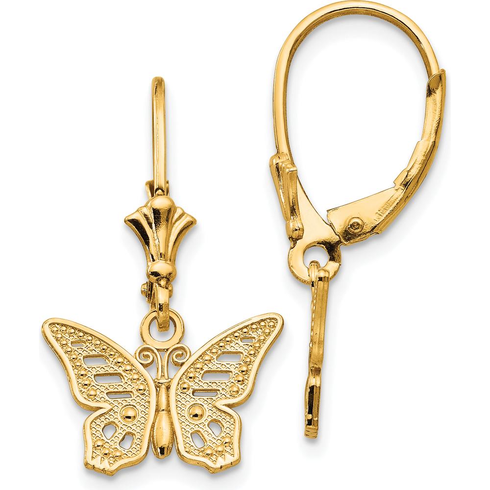 14K Yellow Gold Textured Butterfly Leverback Drop Earrings by 0