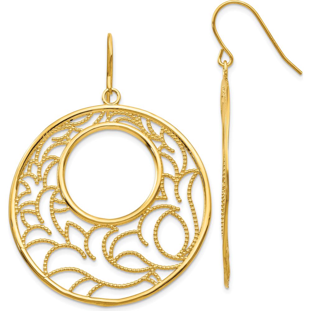 14K Yellow Gold Textured Circle Drop Earrings with French Wire Closure - 52mm Length, 39mm Width by 0