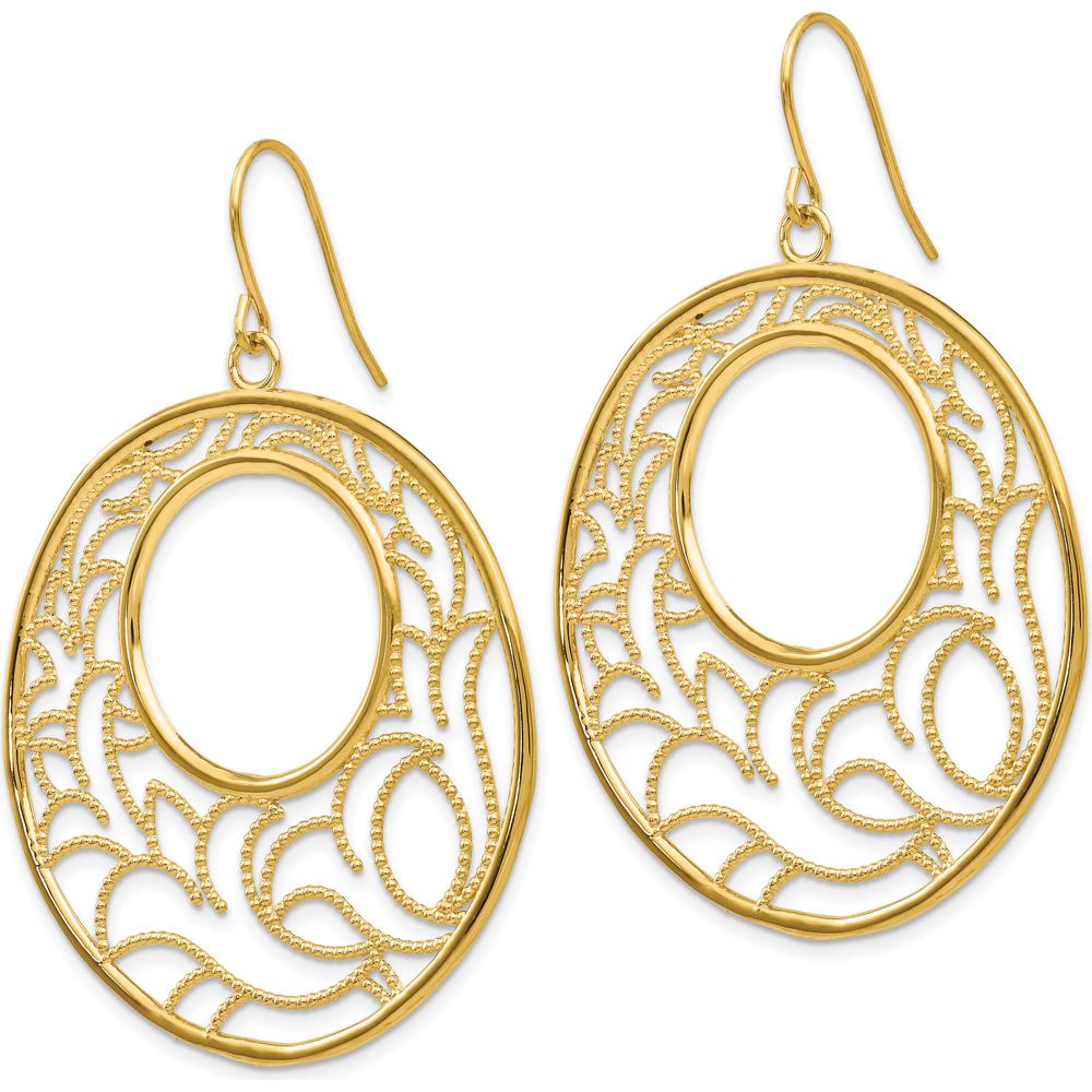 14K Yellow Gold Textured Circle Drop Earrings with French Wire Closure - 52mm Length, 39mm Width by 0