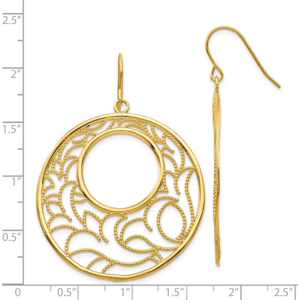 14K Yellow Gold Textured Circle Drop Earrings with French Wire Closure - 52mm Length, 39mm Width by 0