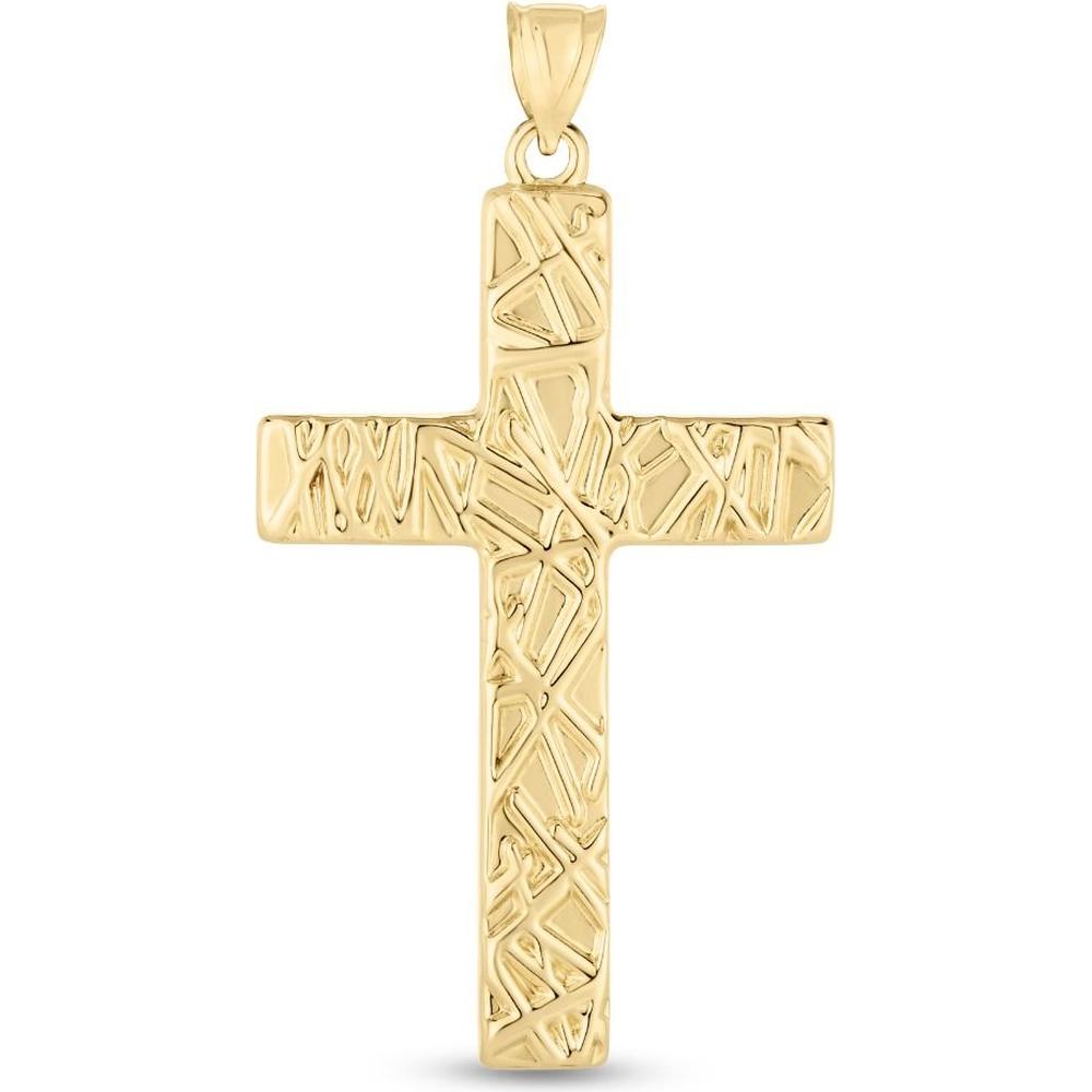 14K Yellow Gold Textured Cross Pendant - Diamond-Cut Finish by Orozza Fine Jewelry