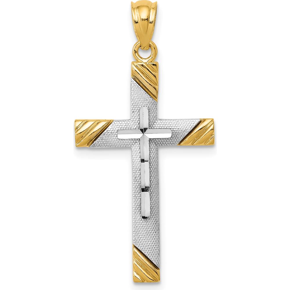 14K Yellow Gold Textured Cross Pendant with White Rhodium Accents by Oro Pregiato