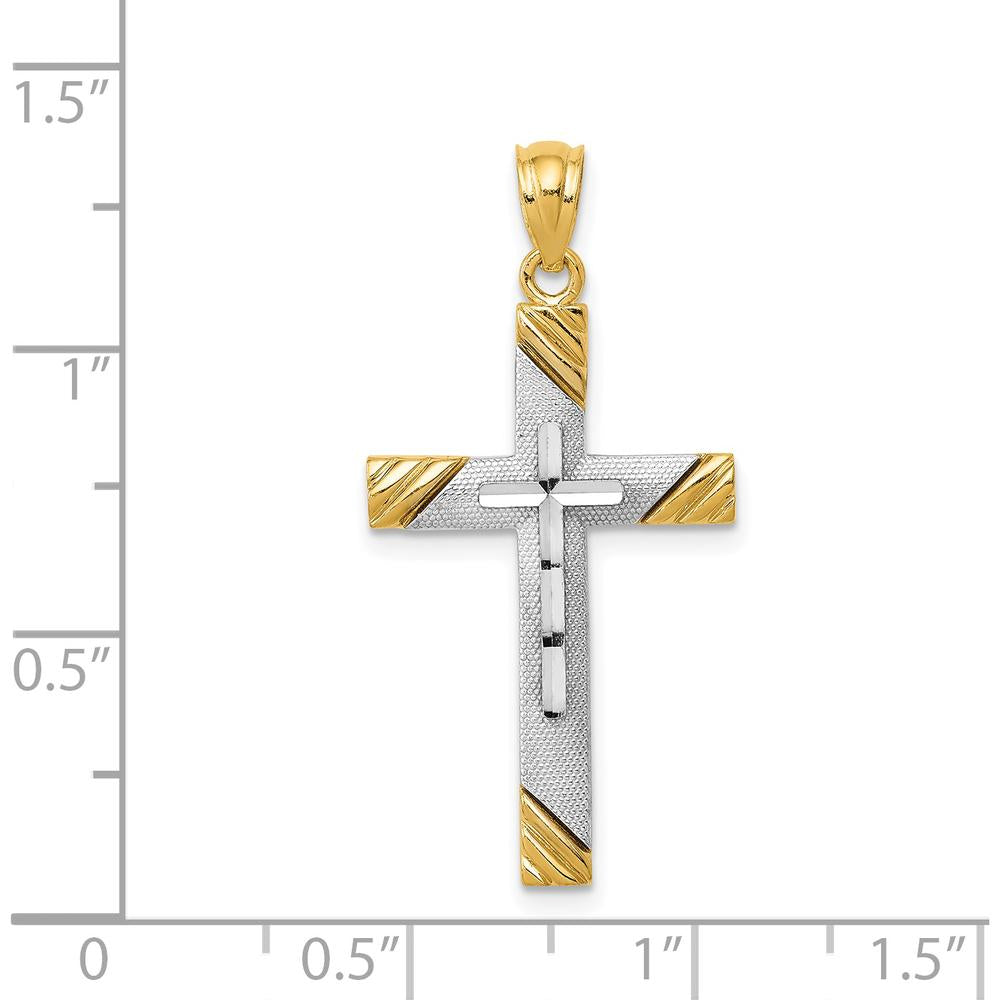 14K Yellow Gold Textured Cross Pendant with White Rhodium Accents by Oro Pregiato