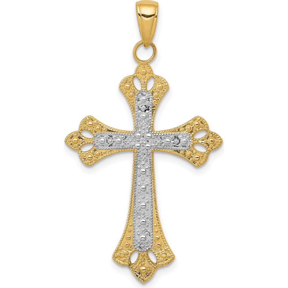 14K Yellow Gold Textured Cross Pendant with White Rhodium Plating by Oro Pregiato