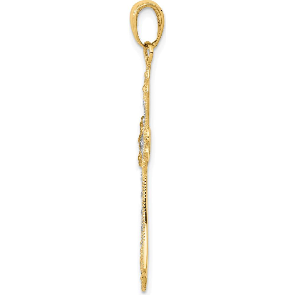 14K Yellow Gold Textured Cross Pendant with White Rhodium Plating by Oro Pregiato