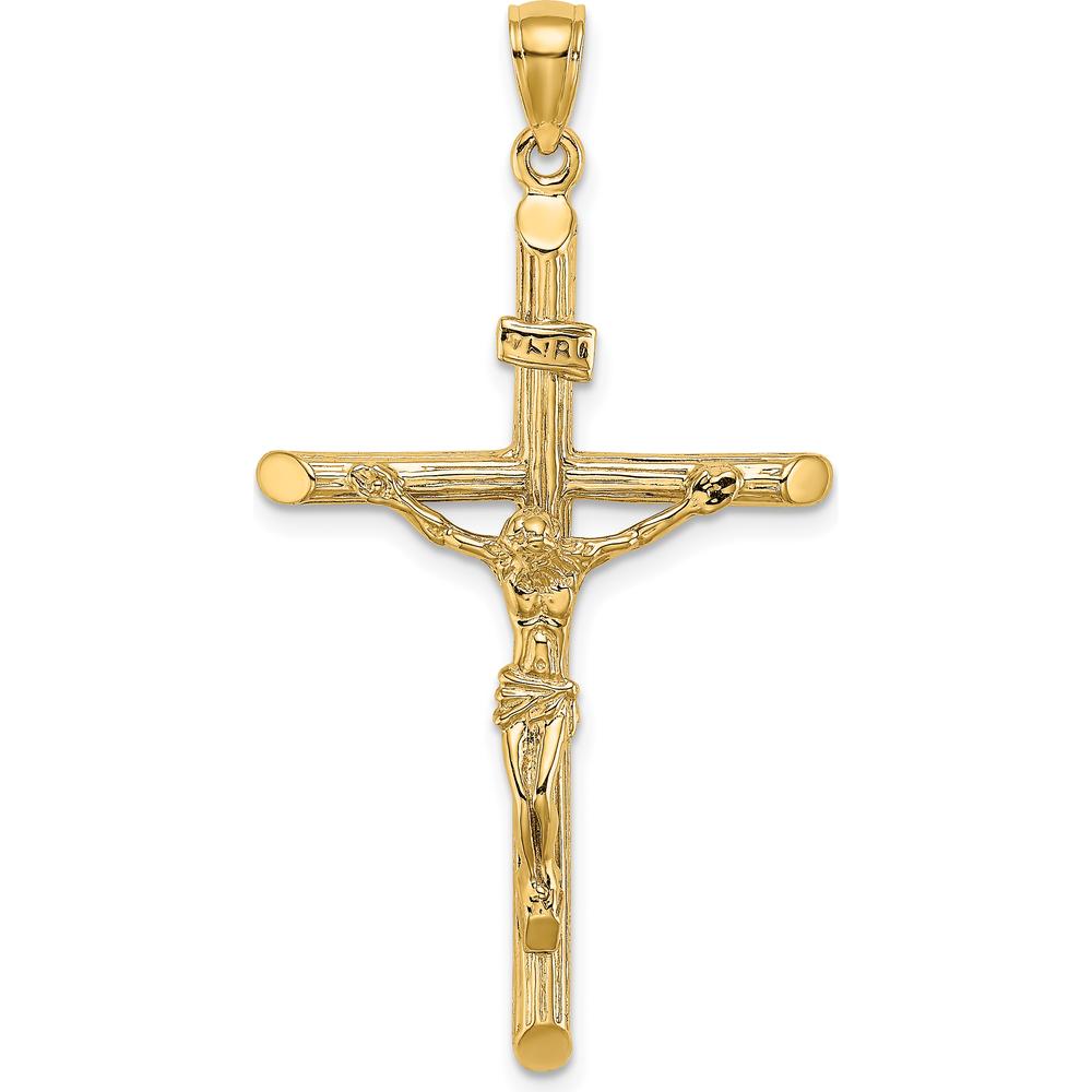 14K Yellow Gold Textured Crucifix Pendant with Polished Finish - 47mm Length by Oro Pregiato
