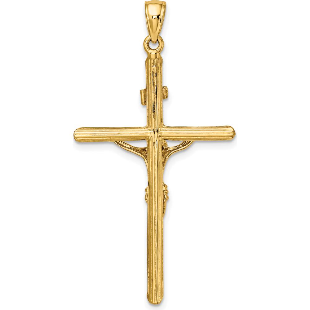 14K Yellow Gold Textured Crucifix Pendant with Polished Finish - 47mm Length by Oro Pregiato