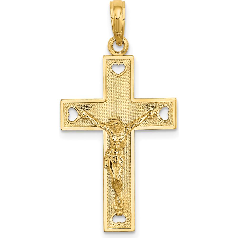 14K Yellow Gold Textured Cut-Out Heart with I LOVE JESUS Reverse Crucifix Charm by Oro Pregiato