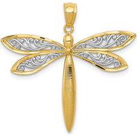 14K Yellow Gold Textured Dragonfly Pendant with Rhodium Accents - 30.5mm Length by Oro Pregiato