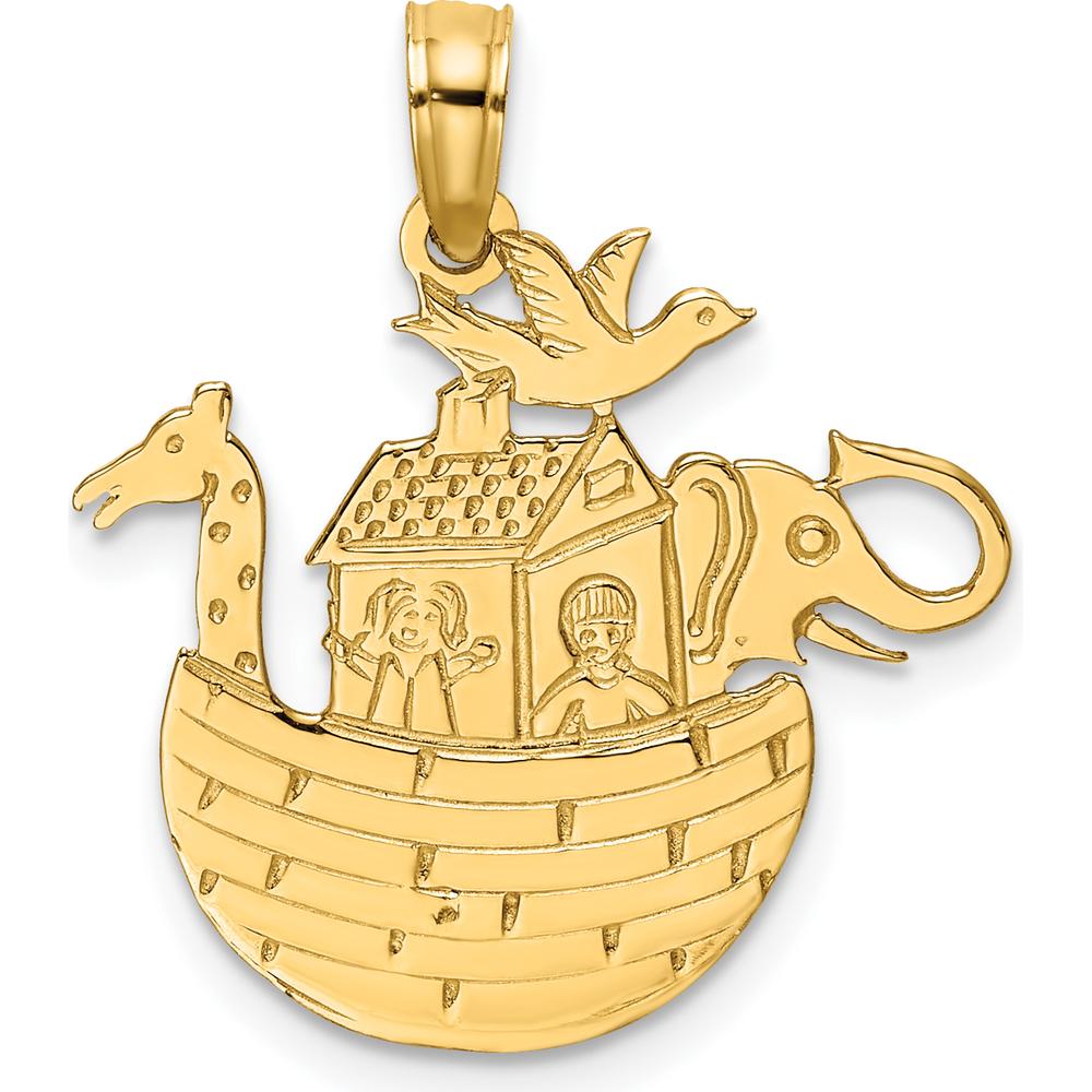 14K Yellow Gold Textured Flat Noah’s Ark Charm with Elephant, Giraffe, and Bird Design by Oro Pregiato