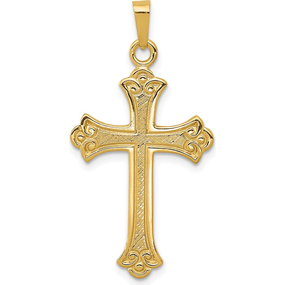14K Yellow Gold Textured Fleur de Lis Cross Pendant - 24mm Length, 18mm Width by Oro Pregiato