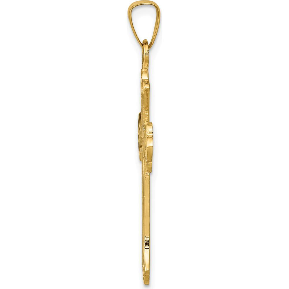 14K Yellow Gold Textured Fleur de Lis Cross Pendant - 24mm Length, 18mm Width by Oro Pregiato