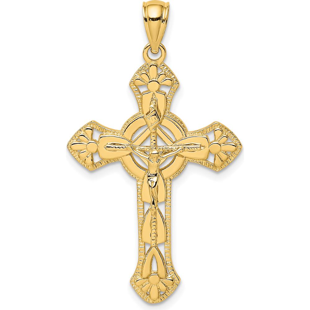 14K Yellow Gold Textured Floral Tips Crucifix Pendant - 40.4mm in Length by Oro Pregiato