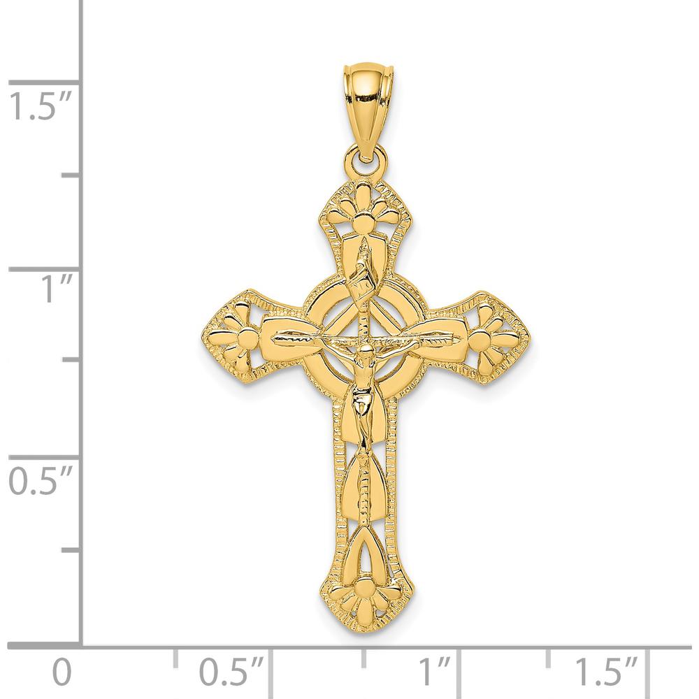 14K Yellow Gold Textured Floral Tips Crucifix Pendant - 40.4mm in Length by Oro Pregiato
