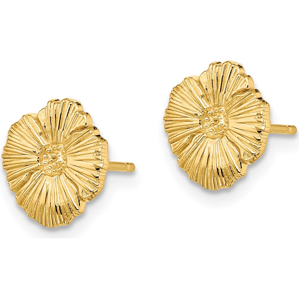 14K Yellow Gold Textured Flower Post Earrings - 10mm Length, 9.2mm Width by 0