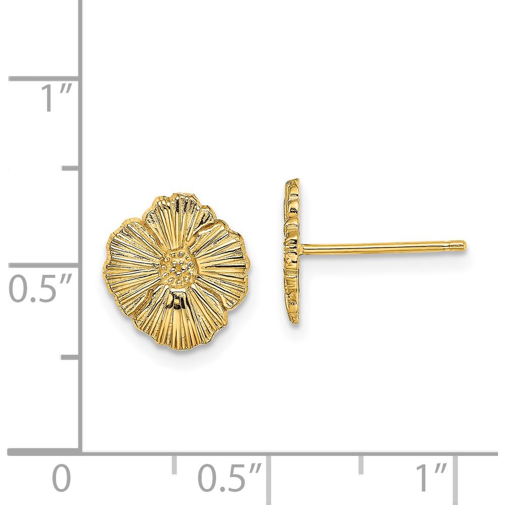 14K Yellow Gold Textured Flower Post Earrings - 10mm Length, 9.2mm Width by 0