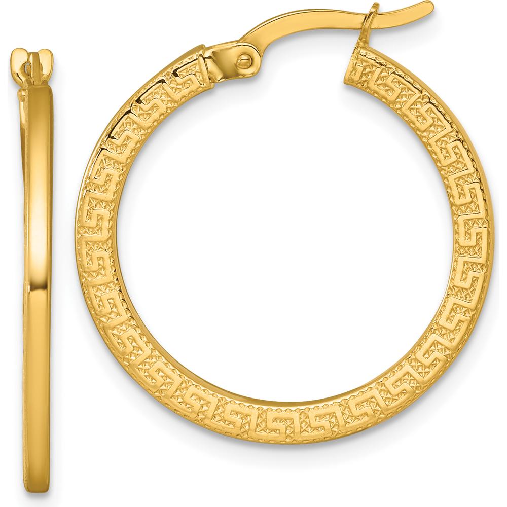 14K Yellow Gold Textured Greek Key Hoop Earrings - 24mm by 0