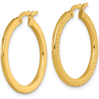 14K Yellow Gold Textured Greek Key Hoop Earrings - 24mm by 0