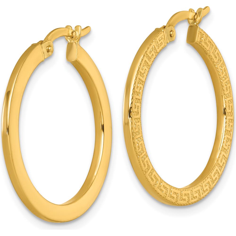 14K Yellow Gold Textured Greek Key Hoop Earrings - 24mm by 0