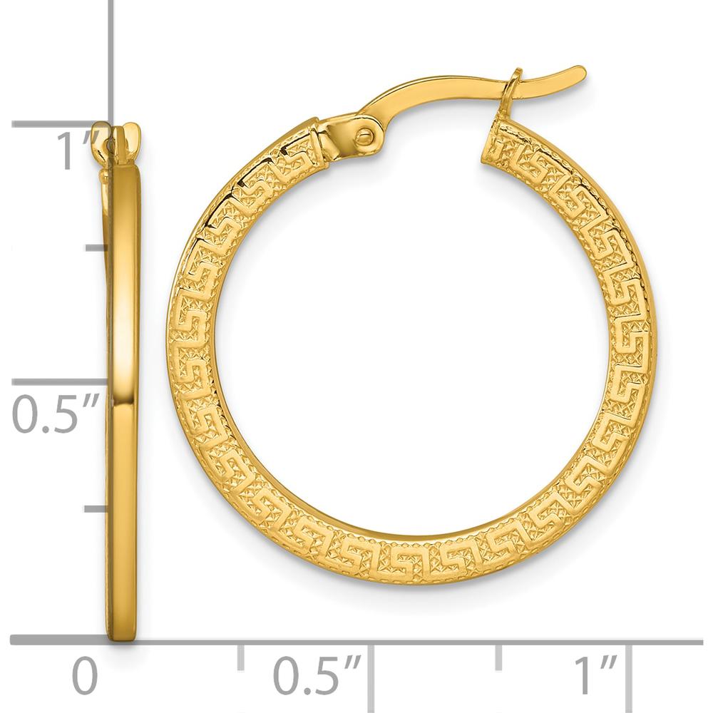 14K Yellow Gold Textured Greek Key Hoop Earrings - 24mm by 0