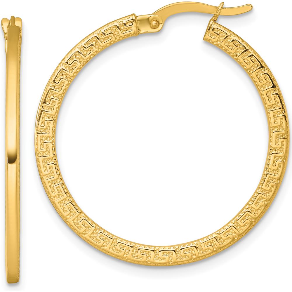 14K Yellow Gold Textured Greek Key Large Hoop Earrings - 31mm Length by 0