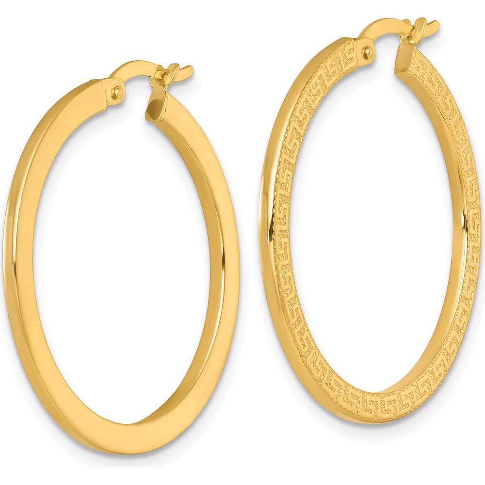 14K Yellow Gold Textured Greek Key Large Hoop Earrings - 31mm Length by 0