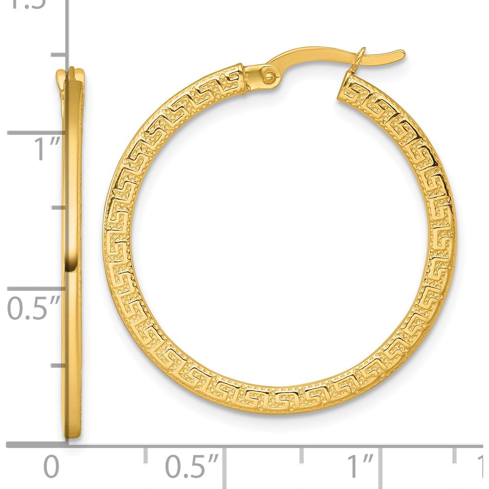 14K Yellow Gold Textured Greek Key Large Hoop Earrings - 31mm Length by 0