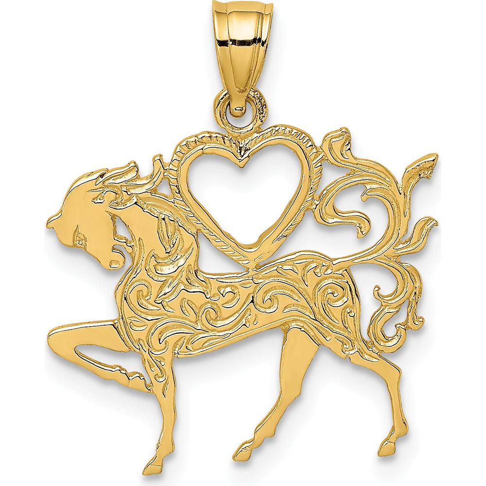 14K Yellow Gold Textured Heart and Horse Charm Pendant - 24.4mm Length by Oro Pregiato