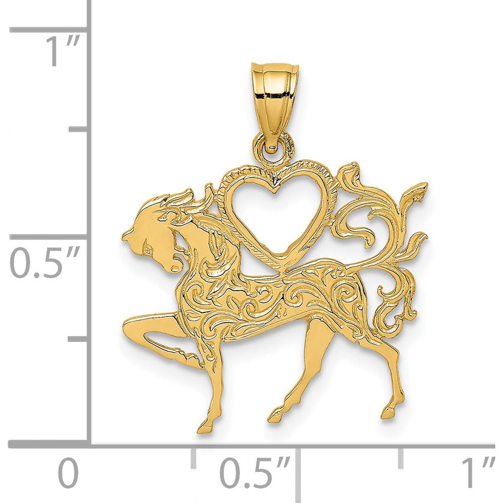14K Yellow Gold Textured Heart and Horse Charm Pendant - 24.4mm Length by Oro Pregiato