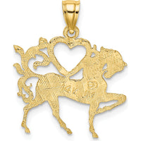 14K Yellow Gold Textured Heart and Horse Charm Pendant - 24.4mm Length by Oro Pregiato