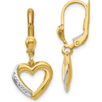 14K Yellow Gold Textured Heart Leverback Earrings with Rhodium Detail by Oro Pregiato