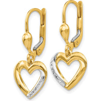 14K Yellow Gold Textured Heart Leverback Earrings with Rhodium Detail by Oro Pregiato